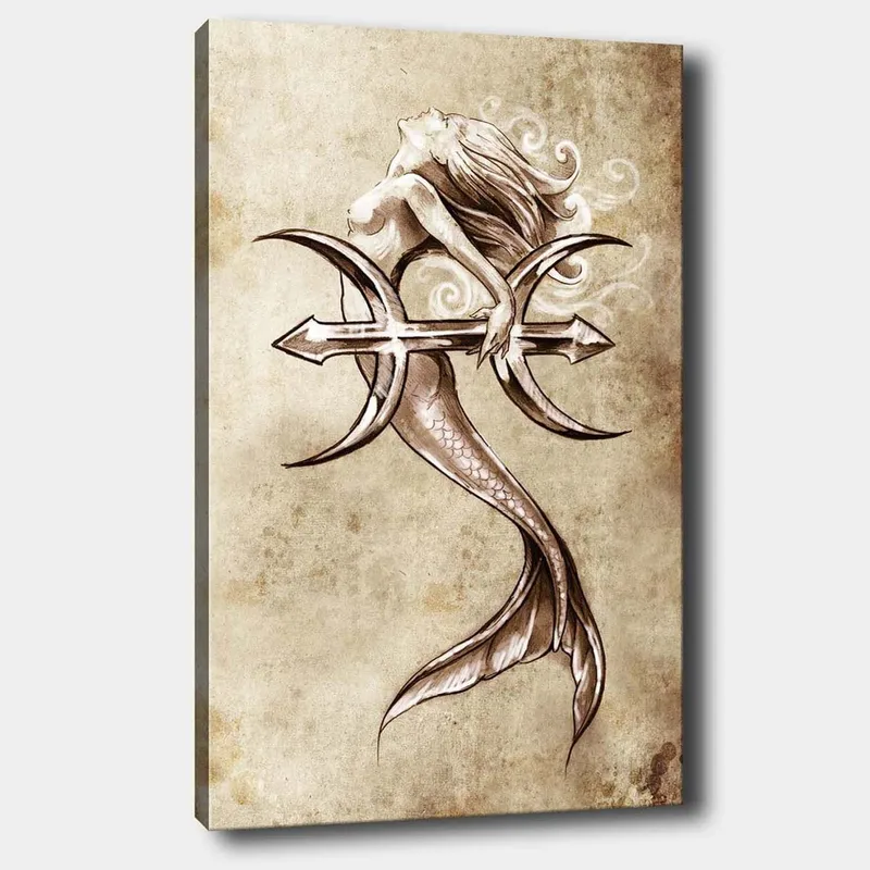 Lerretsbilde 70x100 cm - Sirene som holder en trefork og rekker ut mot himmelen, Beige / Brun / Hvit