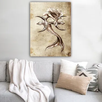 Lerretsbilde 70x100 cm - Sirene som holder en trefork og rekker ut mot himmelen - Beige / Brun / Hvit - Interiør - Maleri & posters - Lerretsbilder