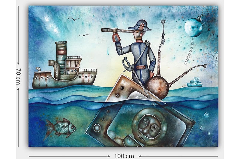 Lerretsbilde 70x100 cm - Sjømann som står på en båt og ser gjennom en kikkert over havet, omgitt av ulike maritime elementer - Blå / Grønn / Brun - Interiør - Maleri & posters - Lerretsbilder