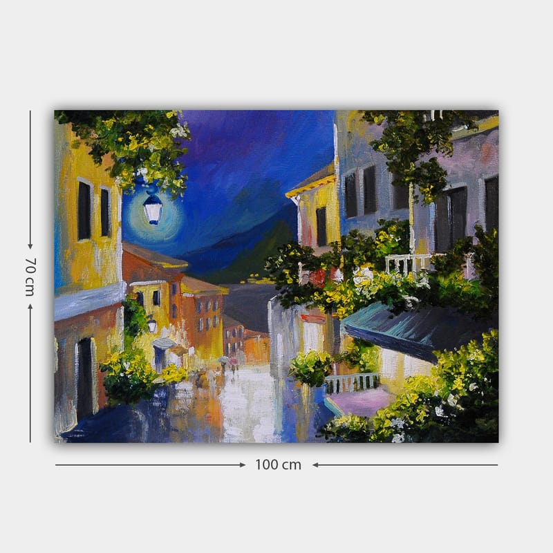 Lerretsbilde 70x100 cm - Sjarmerende smug med fargerike hus og en måne som skinner over landskapet - Gul / Blå / Grønn - Interiør - Maleri & posters - Lerretsbilder