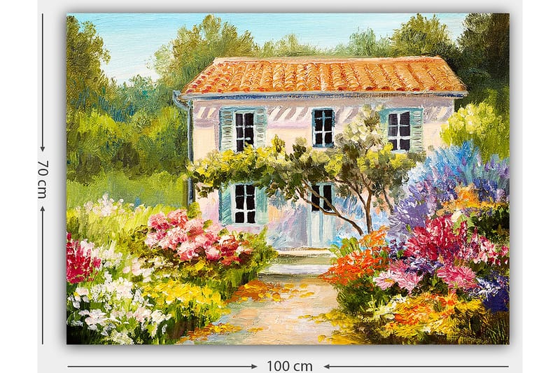 Lerretsbilde 70x100 cm - Sjarmerende villa omgitt av blomstrende hager - Grønn / Rosa / Blå - Interiør - Maleri & posters - Lerretsbilder