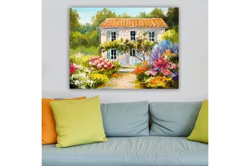 Lerretsbilde 70x100 cm - Sjarmerende villa omgitt av blomstrende hager - Grønn / Rosa / Blå - Interiør - Maleri & posters - Lerretsbilder