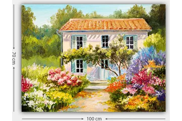 Lerretsbilde 70x100 cm - Sjarmerende villa omgitt av blomstrende hager - Grønn / Rosa / Blå - Interiør - Maleri & posters - Lerretsbilder