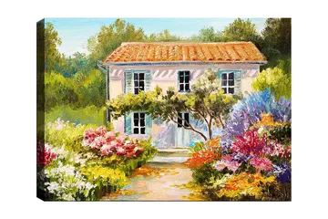 Lerretsbilde 70x100 cm - Sjarmerende villa omgitt av blomstrende hager - Grønn / Rosa / Blå - Interiør - Maleri & posters - Lerretsbilder