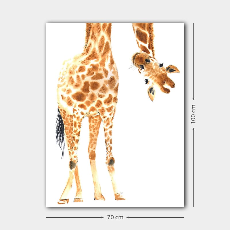 Lerretsbilde 70x100 cm - Sjiraff med karakteristiske flekker som strekker seg mot betrakteren - Oransje / Brun / Svart - Interiør - Maleri & posters - Lerretsbilder