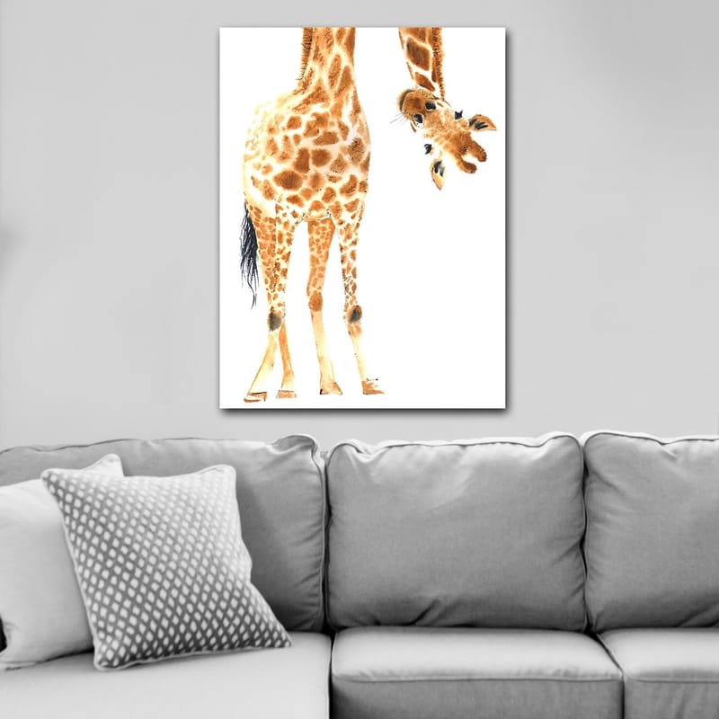 Lerretsbilde 70x100 cm - Sjiraff med karakteristiske flekker som strekker seg mot betrakteren - Oransje / Brun / Svart - Interiør - Maleri & posters - Lerretsbilder