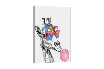 Lerretsbilde 70x100 cm - Sjiraff med solbriller som blåser bobler - Rosa / Blå / Lilla - Interiør - Maleri & posters - Lerretsbilder
