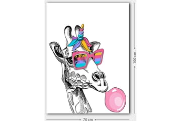 Lerretsbilde 70x100 cm - Sjiraff med solbriller som blåser bobler - Rosa / Blå / Lilla - Interiør - Maleri & posters - Lerretsbilder