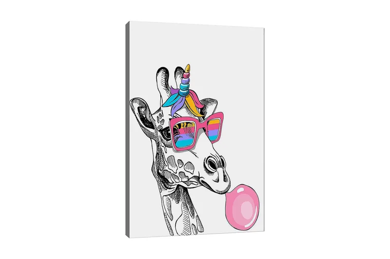 Lerretsbilde 70x100 cm - Sjiraff med solbriller som blåser bobler, Rosa / Blå / Lilla