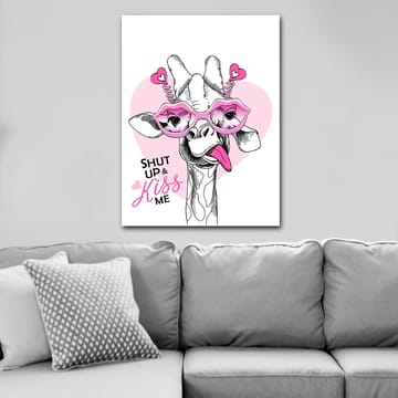 Lerretsbilde 70x100 cm - Sjiraff med store rosa briller og en leken holdning - Rosa / Svart / Hvit - Interiør - Maleri & posters - Lerretsbilder
