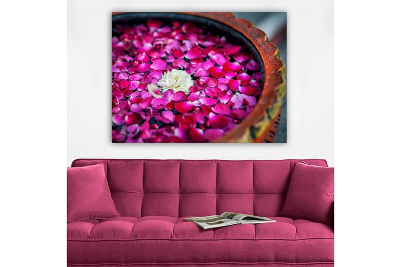 Lerretsbilde 70x100 cm - Skål med rosa roseblader og en hvit blomst som flyter på overflaten - Rosa / Hvit - Interiør - Maleri & posters - Lerretsbilder