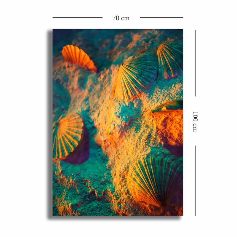 Lerretsbilde 70x100 cm - Skalldyr på sand med en fargerik og drømmende bakgrunn - Turkis / Oransje / Lilla - Interiør - Maleri & posters - Lerretsbilder