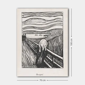 Lerretsbilde 70x100 cm - Skrikende figur står på en bro med en dramatisk bakgrunn av virvlende linjer og en mørk himmel - Svart / Hvit / Grå - Interiør - Maleri & posters - Lerretsbilder