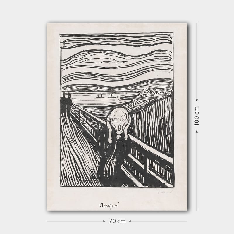 Lerretsbilde 70x100 cm - Skrikende figur står på en bro med en dramatisk bakgrunn av virvlende linjer og en mørk himmel - Svart / Hvit / Grå - Interiør - Maleri & posters - Lerretsbilder