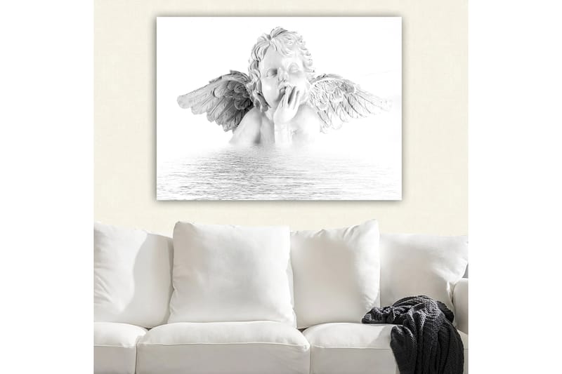 Lerretsbilde 70x100 cm - Skulptur av en engel med vinger som sitter i en tankefull positur - Hvit / Grå - Interiør - Maleri & posters - Lerretsbilder