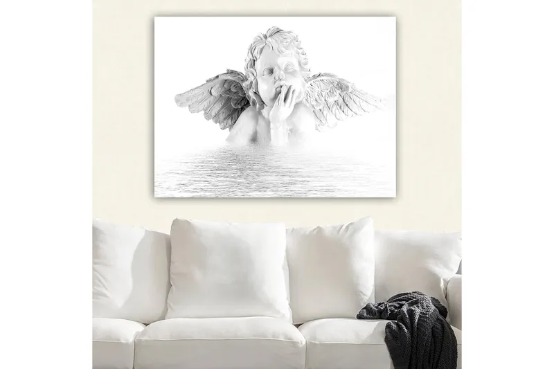 Lerretsbilde 70x100 cm - Skulptur av en engel med vinger som sitter i en tankefull positur - Hvit / Grå - Interiør - Maleri & posters - Lerretsbilder