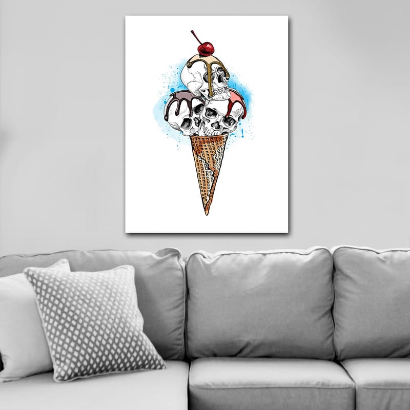 Lerretsbilde 70x100 cm - Skulptur av en iskrem med hodeskaller toppet med et kirsebær - Hvit / Brun / Rød - Interiør - Maleri & posters - Lerretsbilder