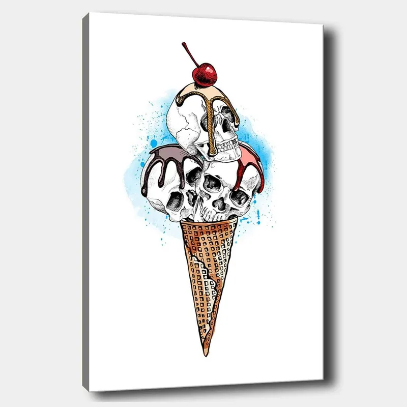 Lerretsbilde 70x100 cm - Skulptur av en iskrem med hodeskaller toppet med et kirsebær, Hvit / Brun / Rød