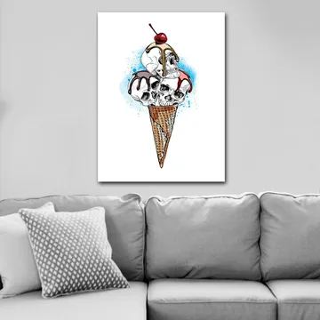 Lerretsbilde 70x100 cm - Skulptur av en iskrem med hodeskaller toppet med et kirsebær - Hvit / Brun / Rød - Interiør - Maleri & posters - Lerretsbilder