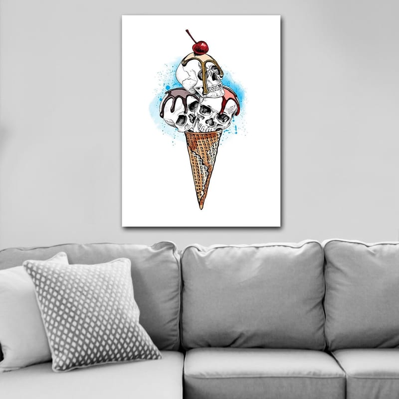 Lerretsbilde 70x100 cm - Skulptur av en iskrem med hodeskaller toppet med et kirsebær - Hvit / Brun / Rød - Interiør - Maleri & posters - Lerretsbilder