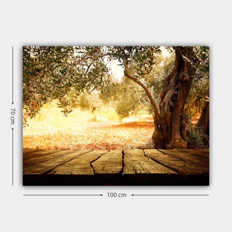 Lerretsbilde 70x100 cm - Solbelyst landskapsscene med oliventrær og en treoverflate i forgrunnen - Gull / Brun / Grønn - Interiør - Maleri & posters - Lerretsbilder