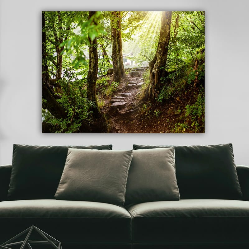 Lerretsbilde 70x100 cm - Solbelyst sti omgitt av grøntområder i et skogsmiljø - Grønn / Brun - Interiør - Maleri & posters - Lerretsbilder