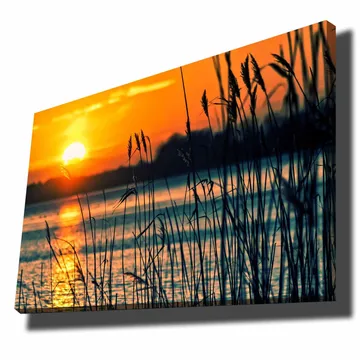 Lerretsbilde 70x100 cm - Solnedgang over en rolig vannflate med gress som svaier i vinden - Oransje / Blå / Svart - Interiør - Maleri & posters - Lerretsbilder