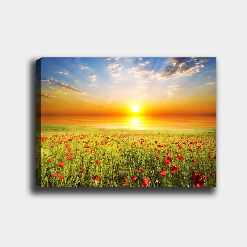 Lerretsbilde 70x100 cm - Solnedgang over et blomstrende felt med røde valmuer - Rød / Grønn / Oransje - Interiør - Maleri & posters - Lerretsbilder