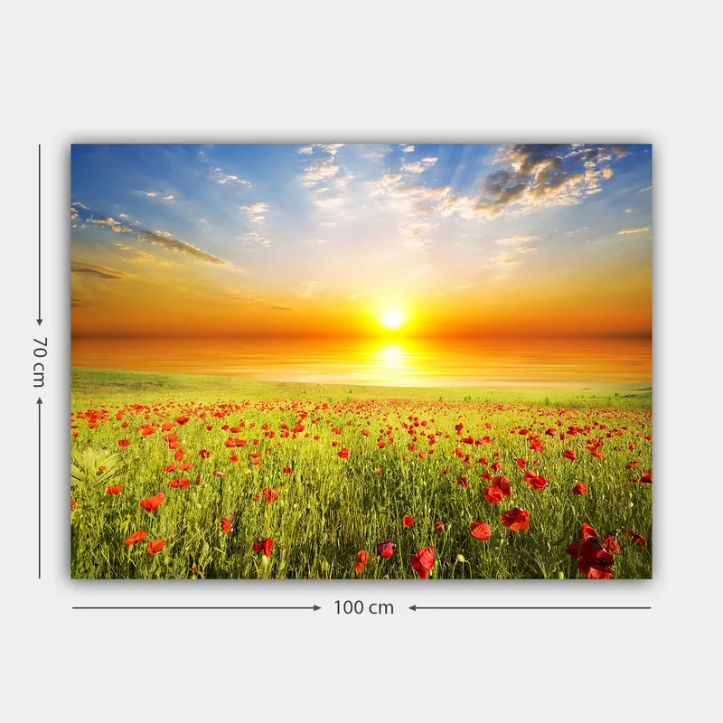 Lerretsbilde 70x100 cm - Solnedgang over et blomstrende felt med røde valmuer - Rød / Grønn / Oransje - Interiør - Maleri & posters - Lerretsbilder