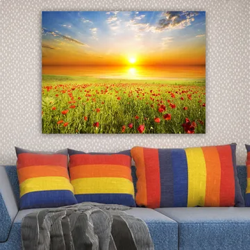 Lerretsbilde 70x100 cm - Solnedgang over et blomstrende felt med røde valmuer - Rød / Grønn / Oransje - Interiør - Maleri & posters - Lerretsbilder