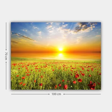 Lerretsbilde 70x100 cm - Solnedgang over et blomstrende felt med røde valmuer - Rød / Grønn / Oransje - Interiør - Maleri & posters - Lerretsbilder