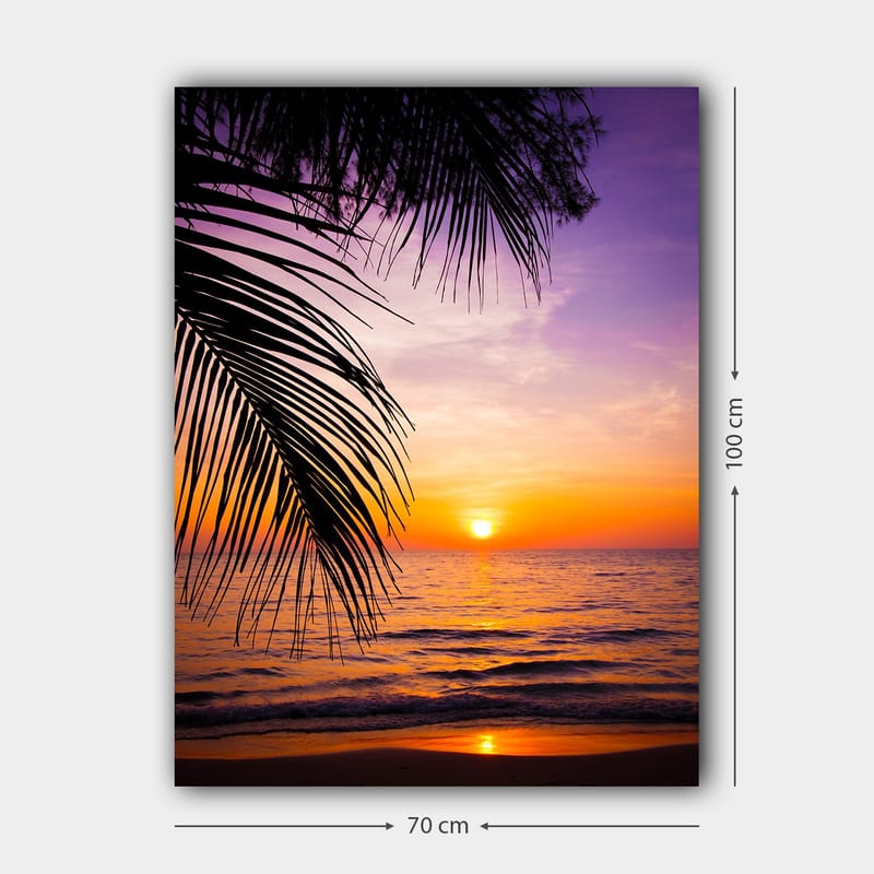Lerretsbilde 70x100 cm - Solnedgang over havet med palmer i forgrunnen - Lilla / Oransje / Gul - Interiør - Maleri & posters - Lerretsbilder