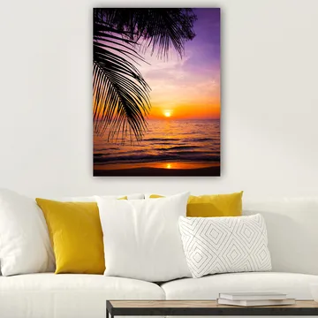 Lerretsbilde 70x100 cm - Solnedgang over havet med palmer i forgrunnen - Lilla / Oransje / Gul - Interiør - Maleri & posters - Lerretsbilder