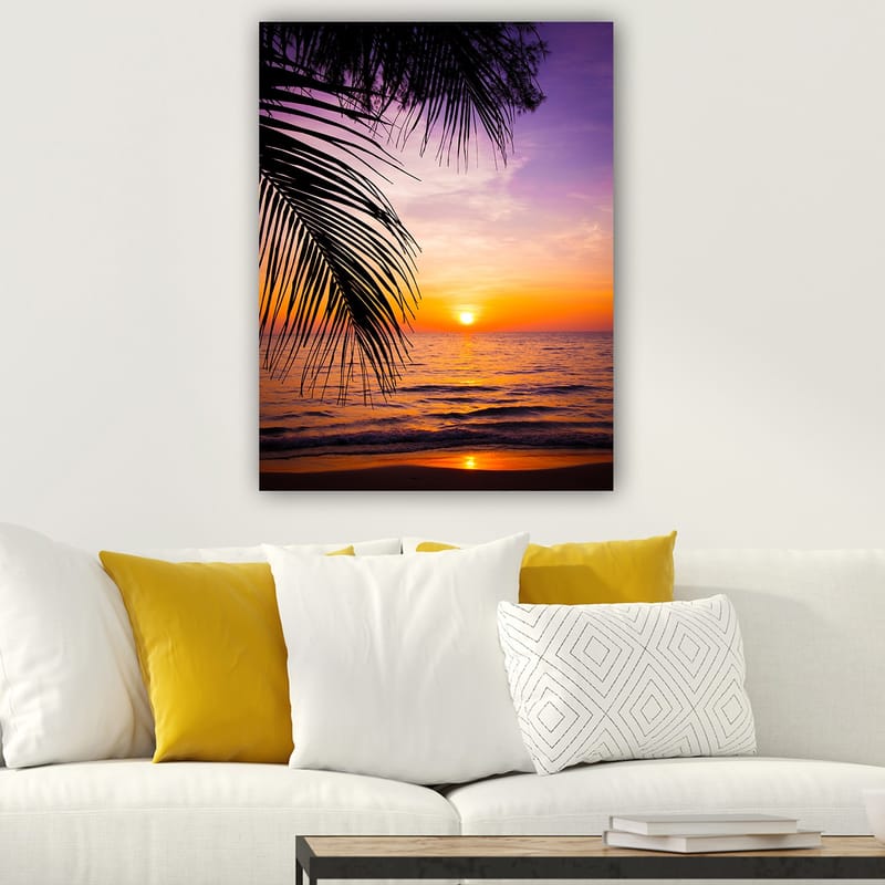 Lerretsbilde 70x100 cm - Solnedgang over havet med palmer i forgrunnen - Lilla / Oransje / Gul - Interiør - Maleri & posters - Lerretsbilder