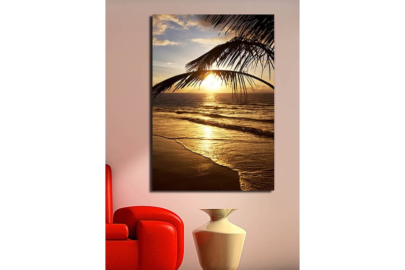 Lerretsbilde 70x100 cm - Solnedgang over havet med palmer i forgrunnen - Gull / Oransje / Brun - Interiør - Maleri & posters - Lerretsbilder
