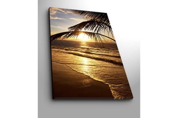 Lerretsbilde 70x100 cm - Solnedgang over havet med palmer i forgrunnen - Gull / Oransje / Brun - Interiør - Maleri & posters - Lerretsbilder
