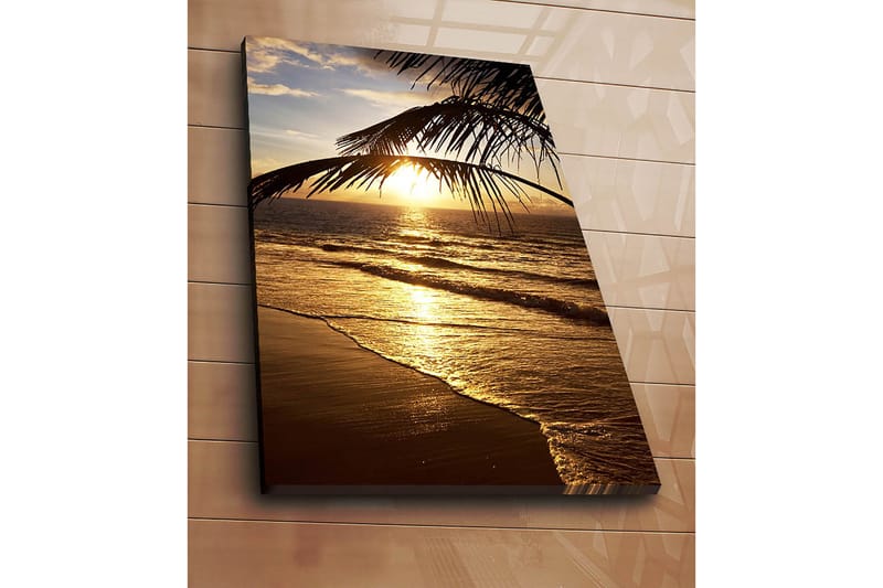 Lerretsbilde 70x100 cm - Solnedgang over havet med palmer i forgrunnen - Gull / Oransje / Brun - Interiør - Maleri & posters - Lerretsbilder