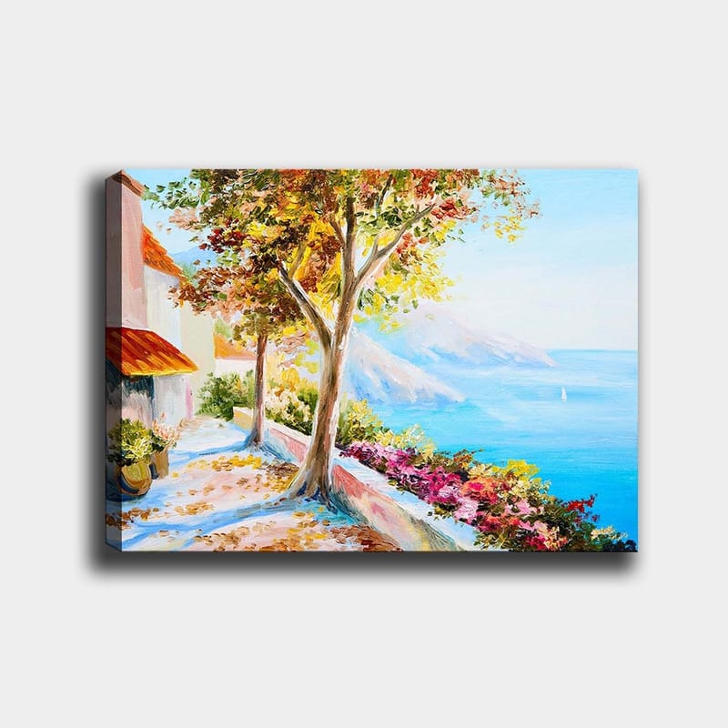 Lerretsbilde 70x100 cm - Solrik kyststi med fargerike trær og blomster som fører ned til havet, Blå / Grønn / Oransje