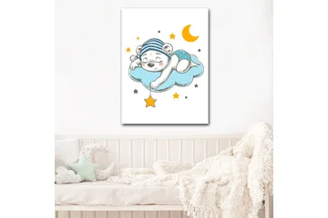 Lerretsbilde 70x100 cm - Sovende isbjørn liggende på en sky med stjerner og en måne rundt seg - Blå / Gul / Svart - Interiør - Maleri & posters - Lerretsbilder