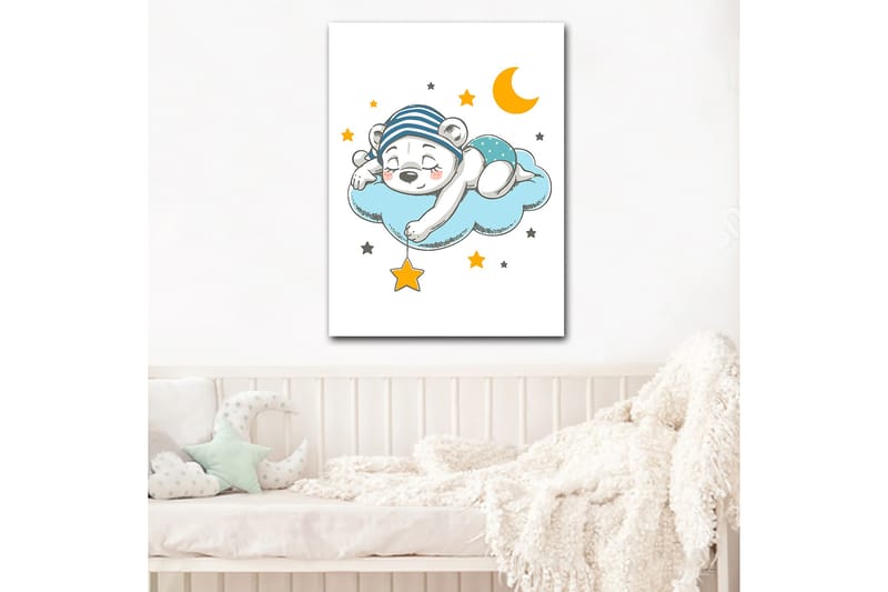 Lerretsbilde 70x100 cm - Sovende isbjørn liggende på en sky med stjerner og en måne rundt seg - Blå / Gul / Svart - Interiør - Maleri & posters - Lerretsbilder