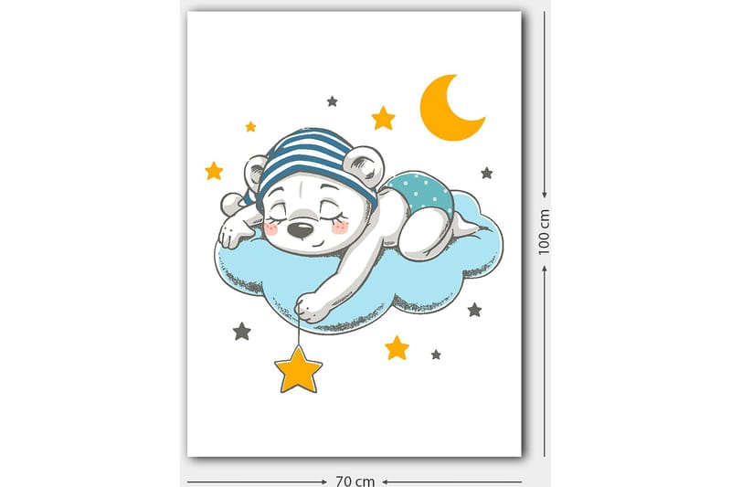 Lerretsbilde 70x100 cm - Sovende isbjørn liggende på en sky med stjerner og en måne rundt seg - Blå / Gul / Svart - Interiør - Maleri & posters - Lerretsbilder