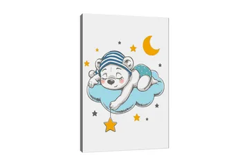 Lerretsbilde 70x100 cm - Sovende isbjørn liggende på en sky med stjerner og en måne rundt seg - Blå / Gul / Svart - Interiør - Maleri & posters - Lerretsbilder