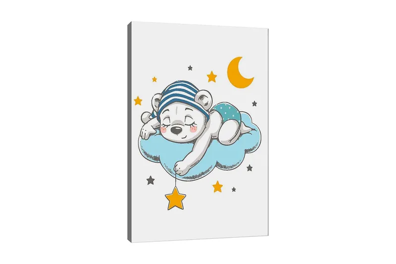 Lerretsbilde 70x100 cm - Sovende isbjørn liggende på en sky med stjerner og en måne rundt seg, Blå / Gul / Svart