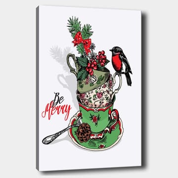 Lerretsbilde 70x100 cm - Stabel med dekorerte tekopper utsmykket med juleelementer og en fugl - Grønn / Rød / Svart - Interiør - Maleri & posters - Lerretsbilder