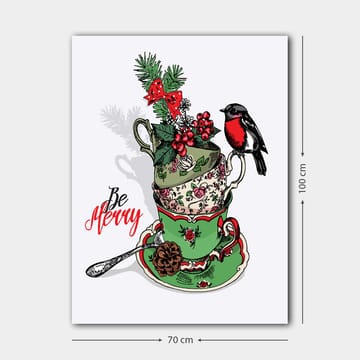 Lerretsbilde 70x100 cm - Stabel med dekorerte tekopper utsmykket med juleelementer og en fugl - Grønn / Rød / Svart - Interiør - Maleri & posters - Lerretsbilder