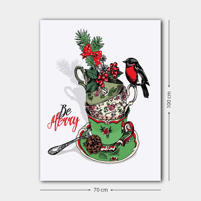 Lerretsbilde 70x100 cm - Stabel med dekorerte tekopper utsmykket med juleelementer og en fugl - Grønn / Rød / Svart - Interiør - Maleri & posters - Lerretsbilder