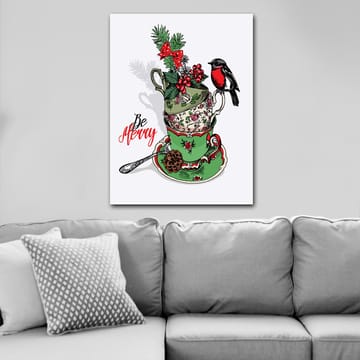 Lerretsbilde 70x100 cm - Stabel med dekorerte tekopper utsmykket med juleelementer og en fugl - Grønn / Rød / Svart - Interiør - Maleri & posters - Lerretsbilder