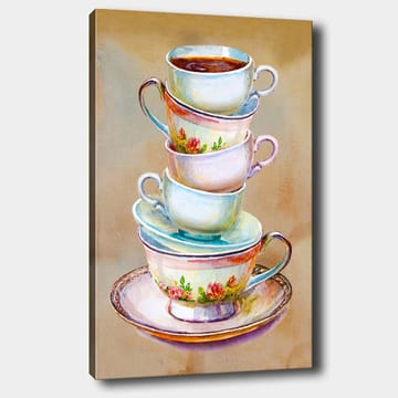 Lerretsbilde 70x100 cm - Stabel med fargerike tekopper med en bolle i bunnen - Blå / Rosa / Beige - Interiør - Maleri & posters - Lerretsbilder