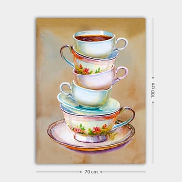 Lerretsbilde 70x100 cm - Stabel med fargerike tekopper med en bolle i bunnen - Blå / Rosa / Beige - Interiør - Maleri & posters - Lerretsbilder