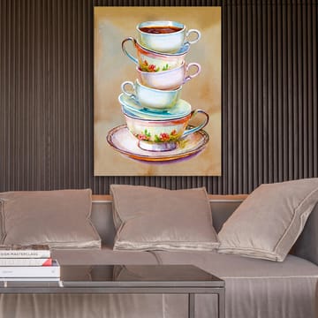 Lerretsbilde 70x100 cm - Stabel med fargerike tekopper med en bolle i bunnen - Blå / Rosa / Beige - Interiør - Maleri & posters - Lerretsbilder